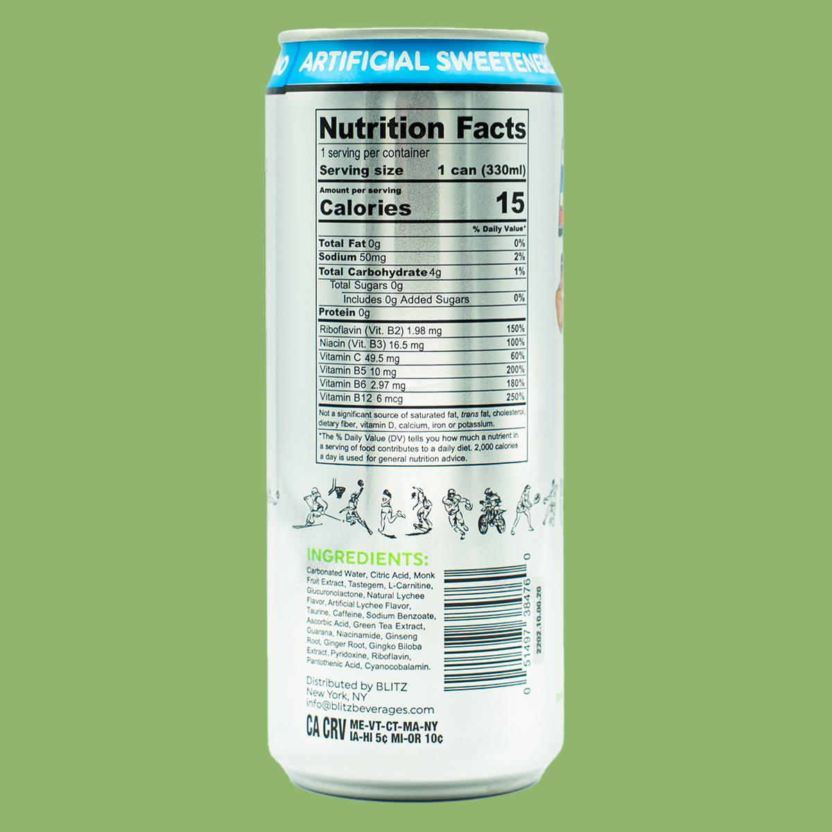Monk-fruit sweetened. Lychee flavored Blitz Energy Drink - Zero Sugar (Pack of 24)